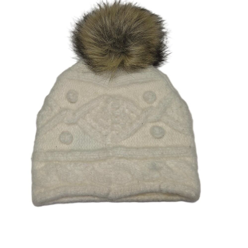 Express Ivory White Cable Knit Beanie Winter Hat Faux Fur Pom Pom One Size